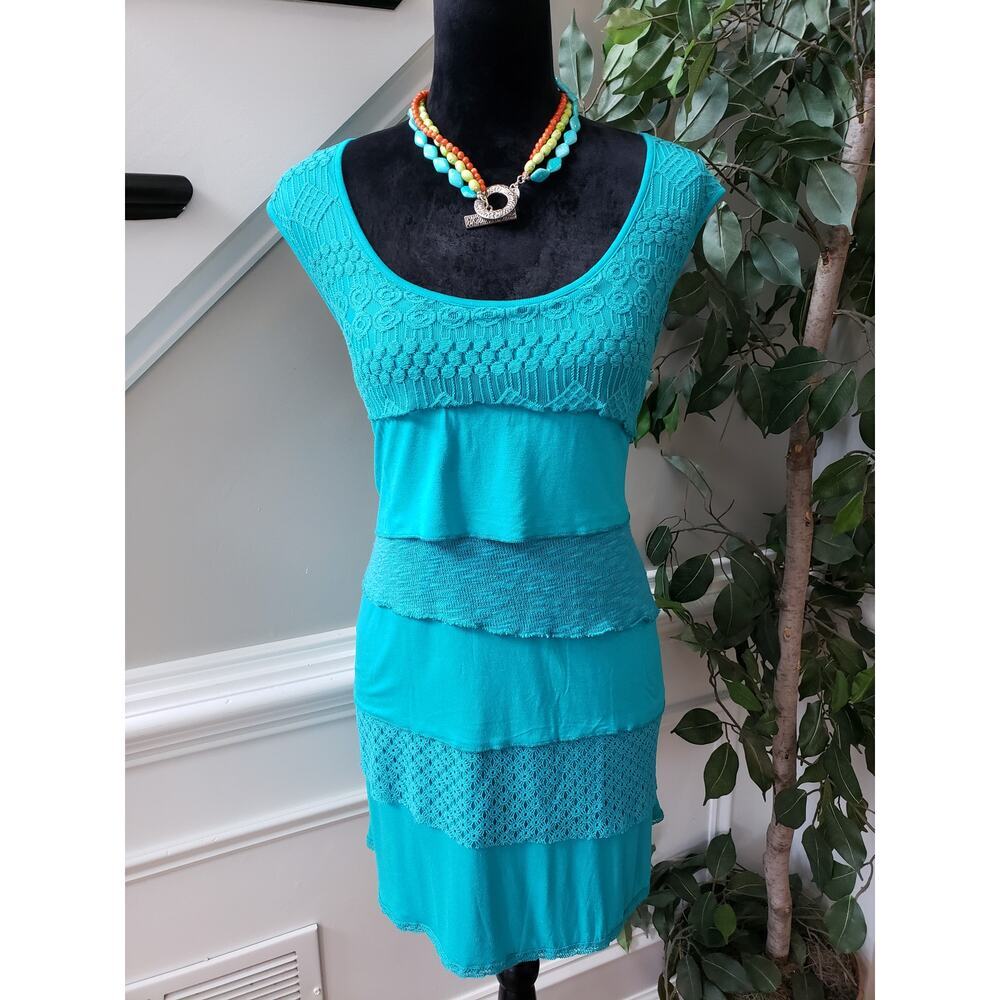 One World Top Blouse Women 3X Turquoise Blue Layered Lace Lined Rayon Scoop Neck